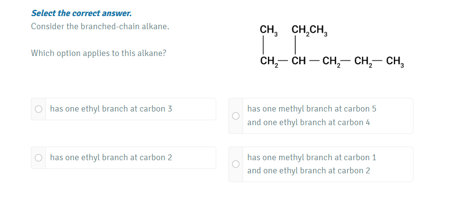 Select the correct answer.Consider the branched-chain alkane.Which opt..