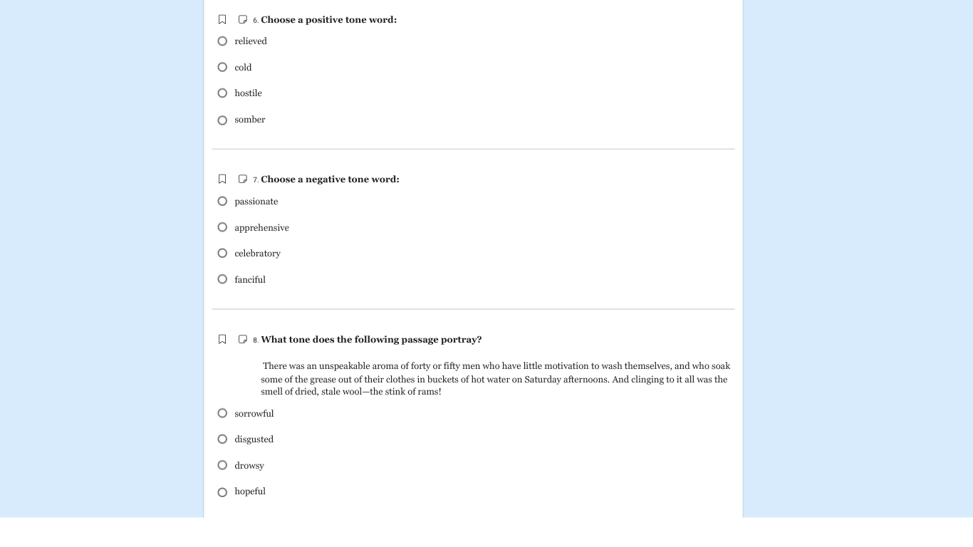 Choose a positive tone word: relieved cold hostile somber Choose a nega..
