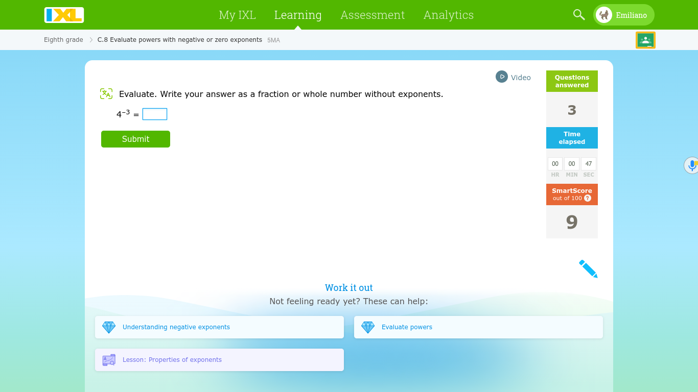 ×My IXLLearningAssessmentAnalyticsEmilianoEighth gradeC. 8 Evalua..