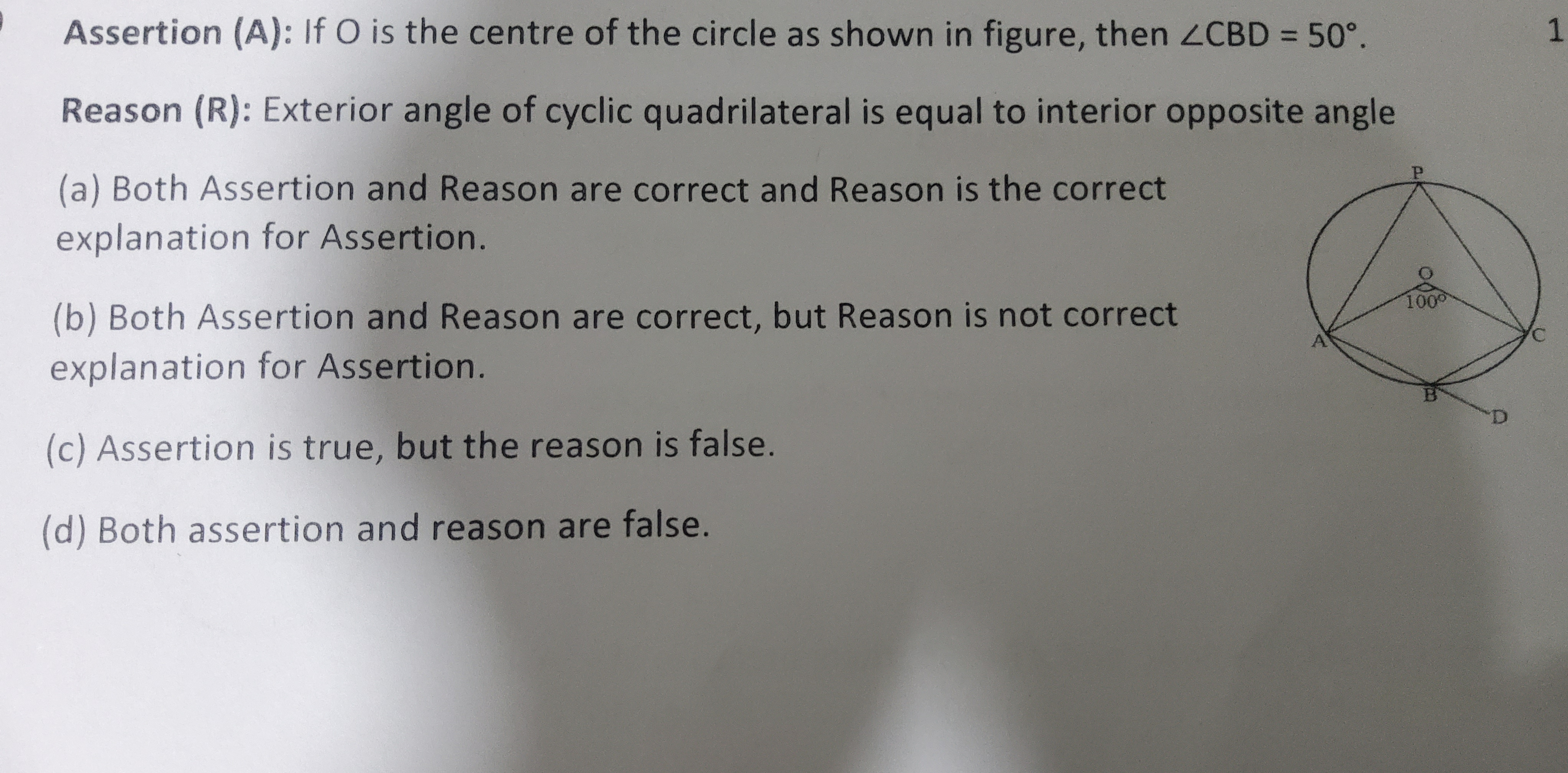 Assertion (A): If O is the centre of the circle as shown in figure, th