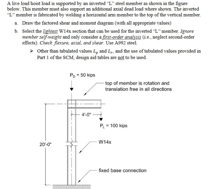 A live load hoist load is supported by an inverted “L” steel member as sh..