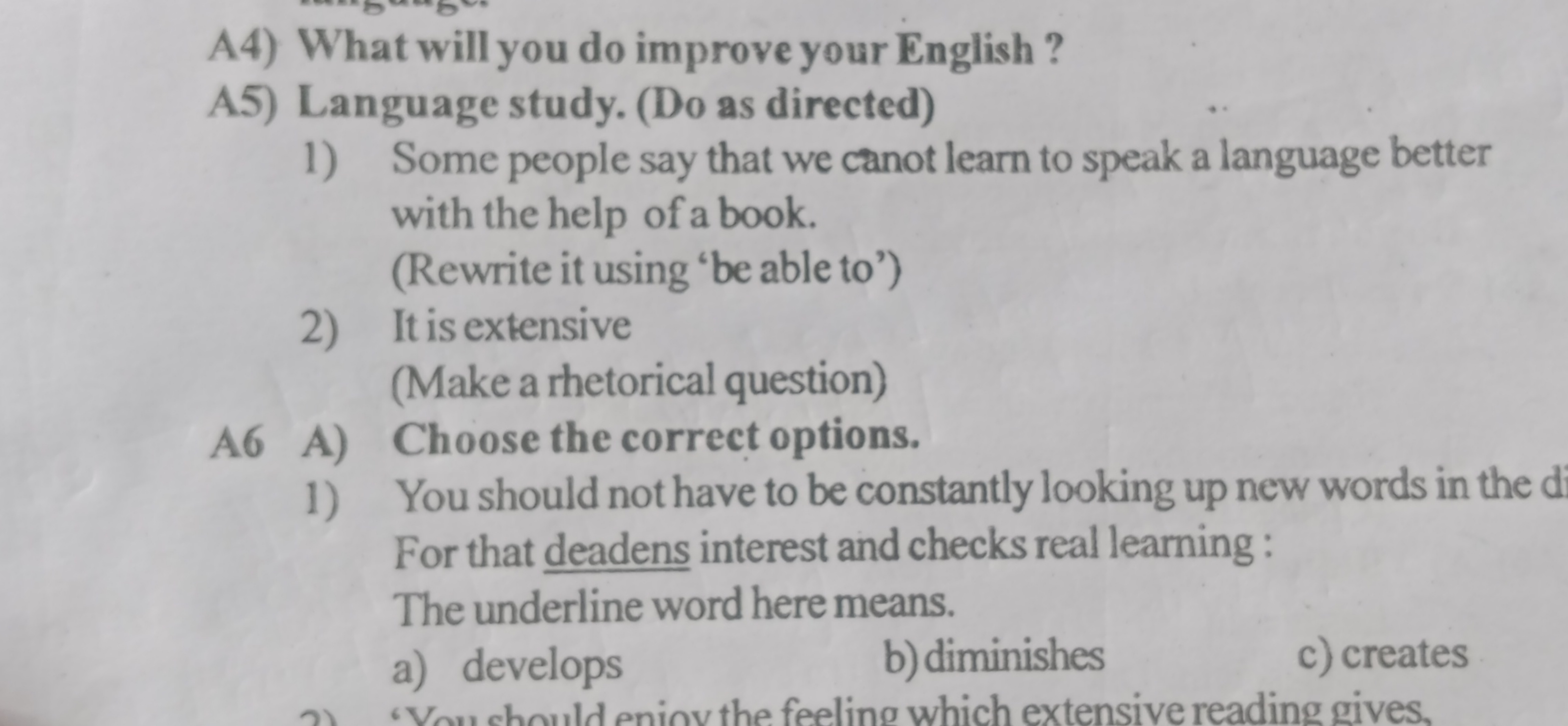 A4) What will you do improve your English?
A5) Language study. (Do as 