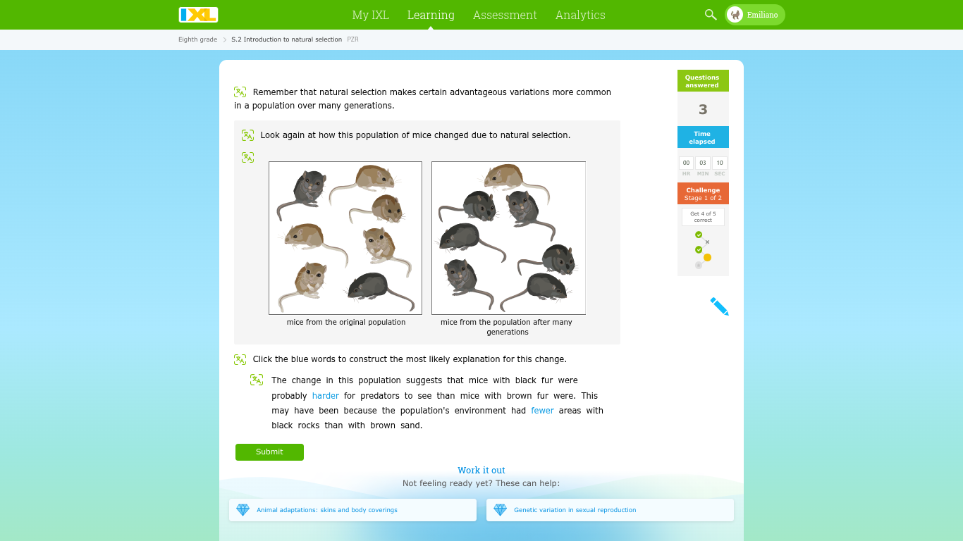 0×4My IXLLearningAssessmentAnalyticsEmilianoEighth gradeS. 2 Intro..