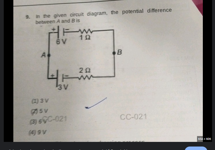 9. In the given circuit diagram, the potential difference between A an