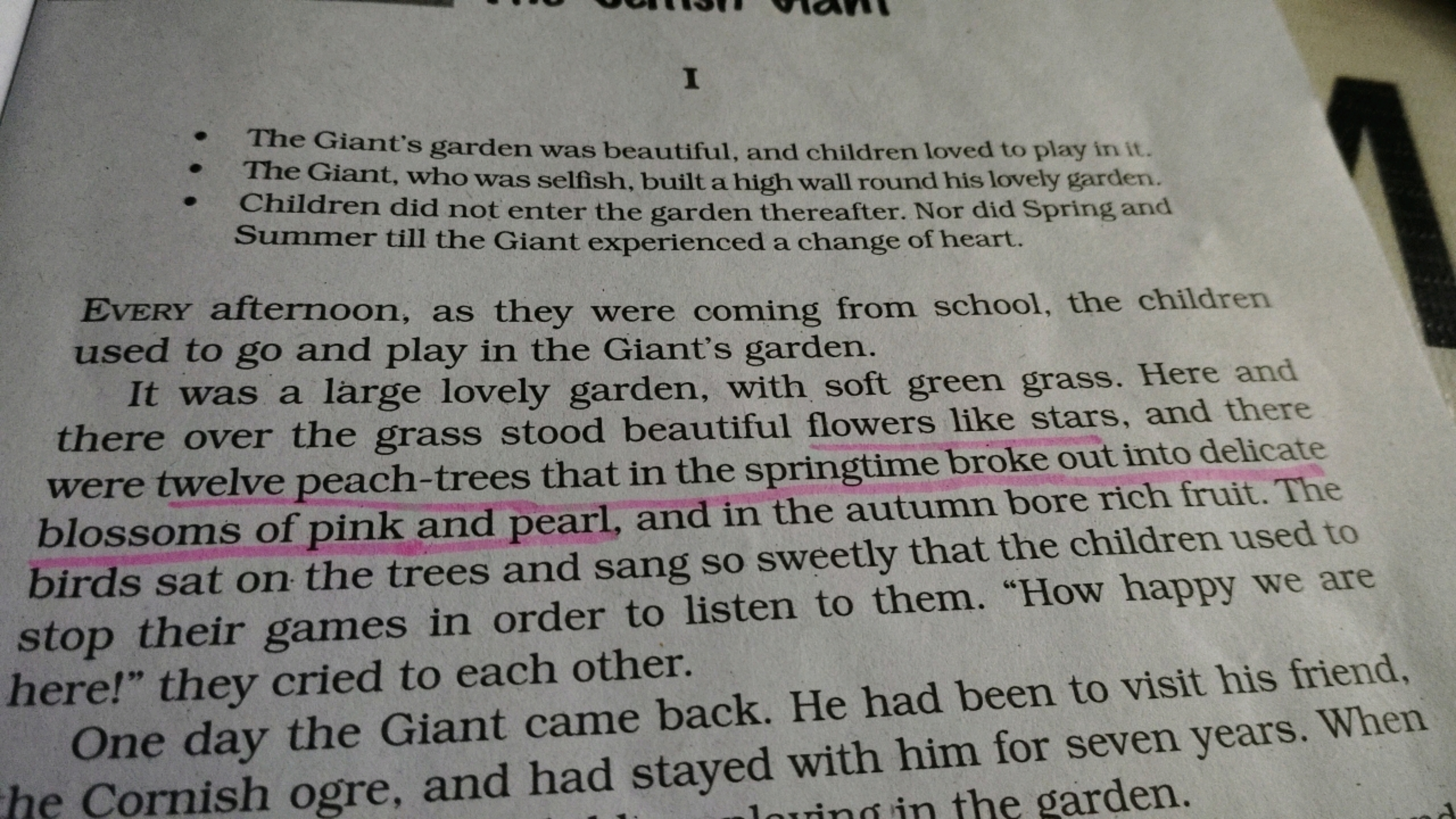 I
- The Giant's garden was beautiful, and children loved to play in it