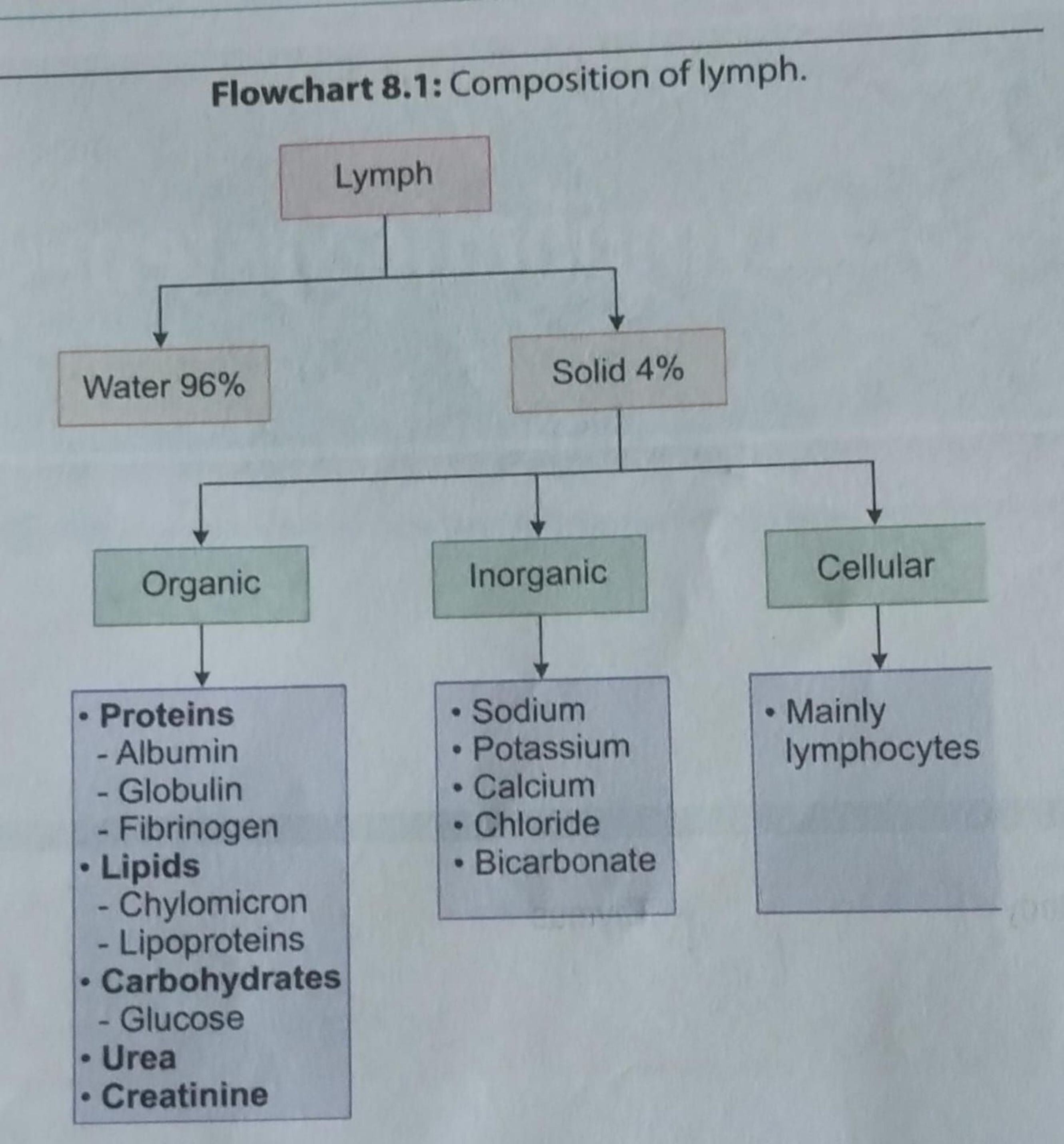 Flowchart 8.1: Composition of lymph.