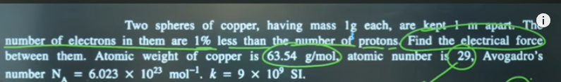 Two spheres of copper, having mass 1 g each, are kept 1 m apart. Th i 