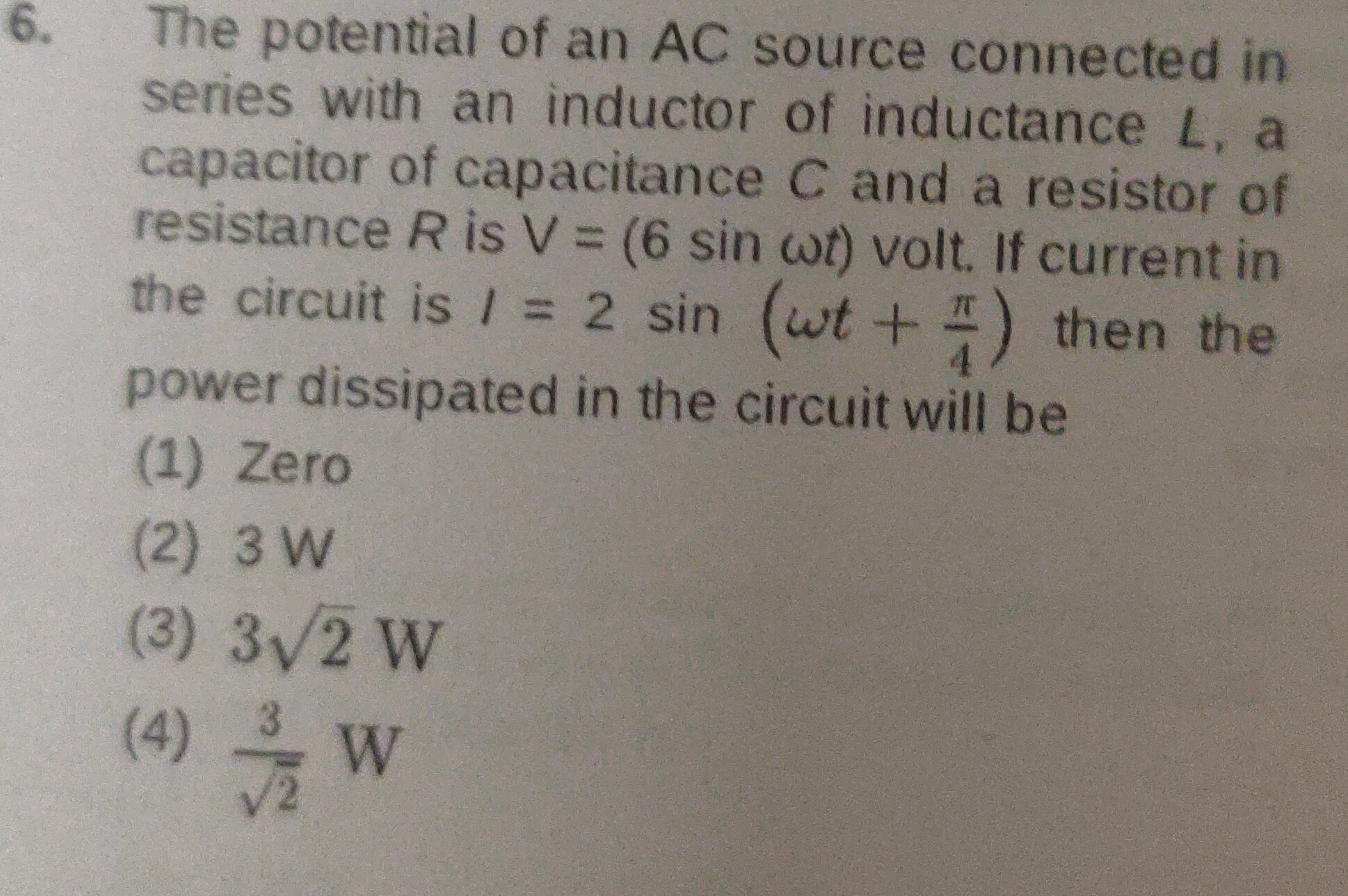 6. The potential of an AC source connected in series with an inductor 