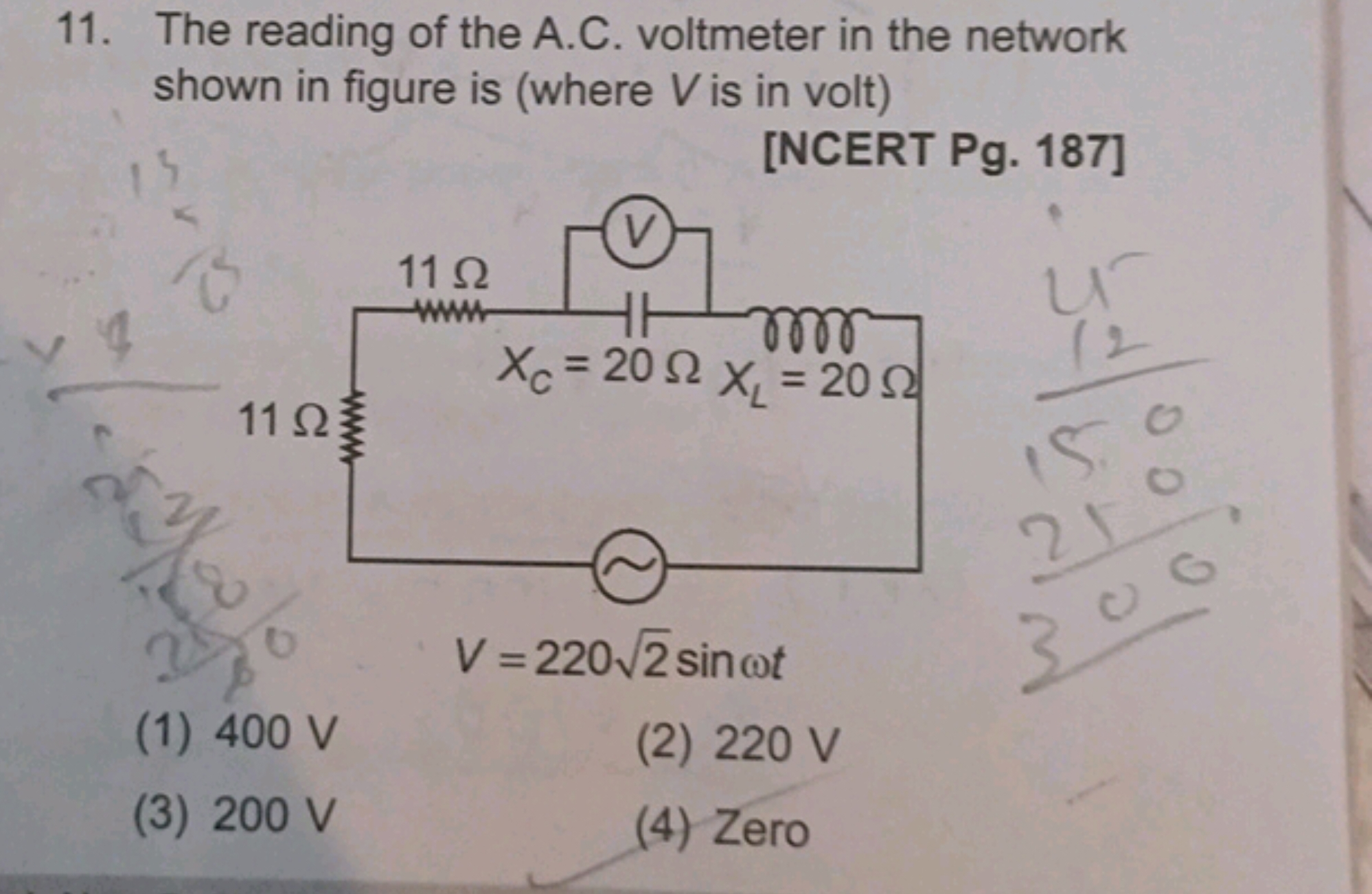 11. The reading of the A.C. voltmeter in the network shown in figure i