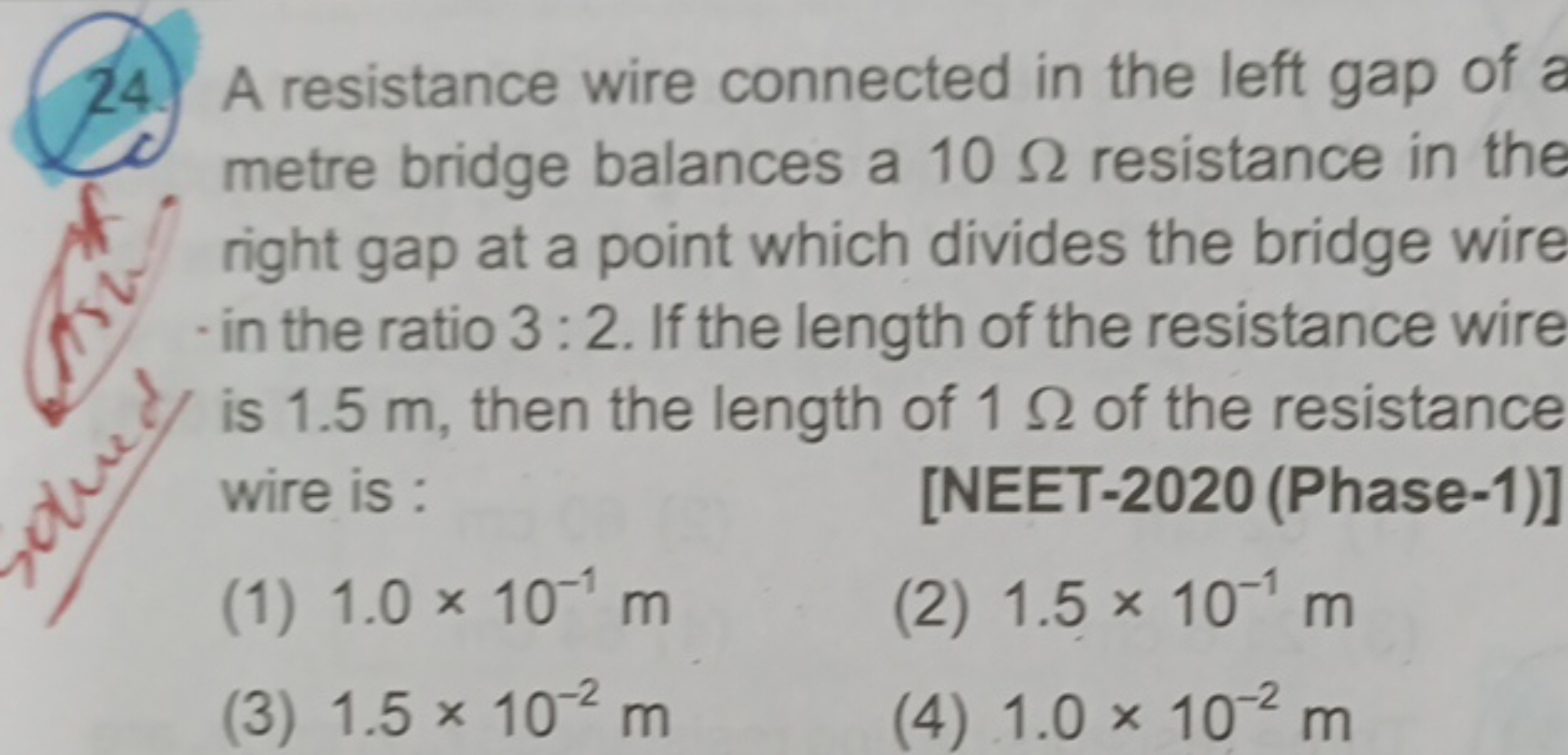 24. A resistance wire connected in the left gap of metre bridge balanc