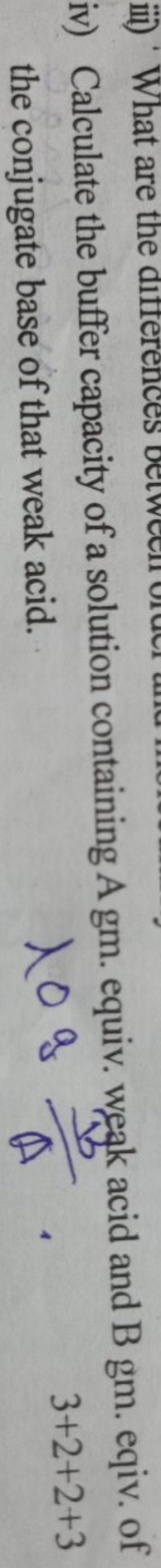 iv) Calculate the buffer capacity of a solution containing A gm. equiv