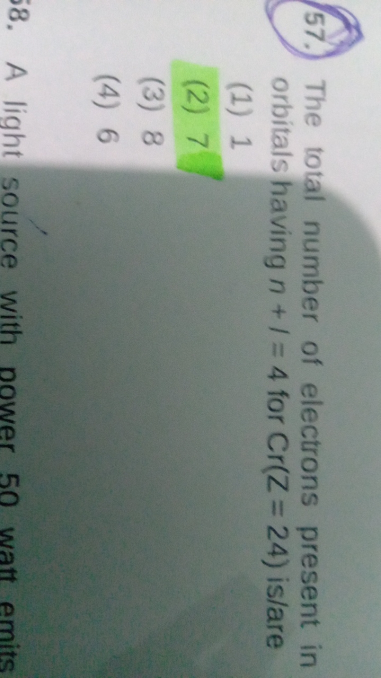 57. The total number of electrons present in orbitals having n+1=4 for