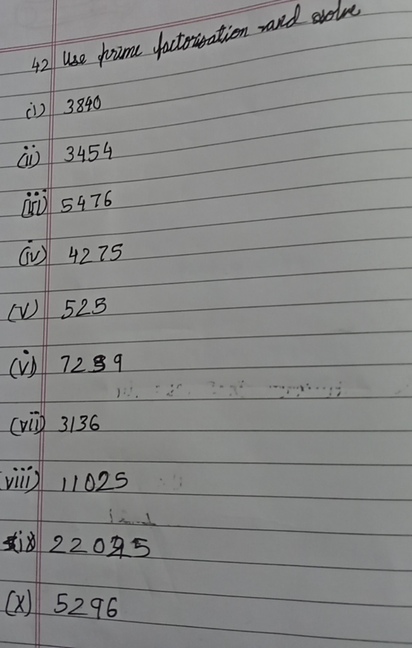 42 Use prime factorisation and solve
(i) 3840
(ii) 3454
(iii) 5476
(iv