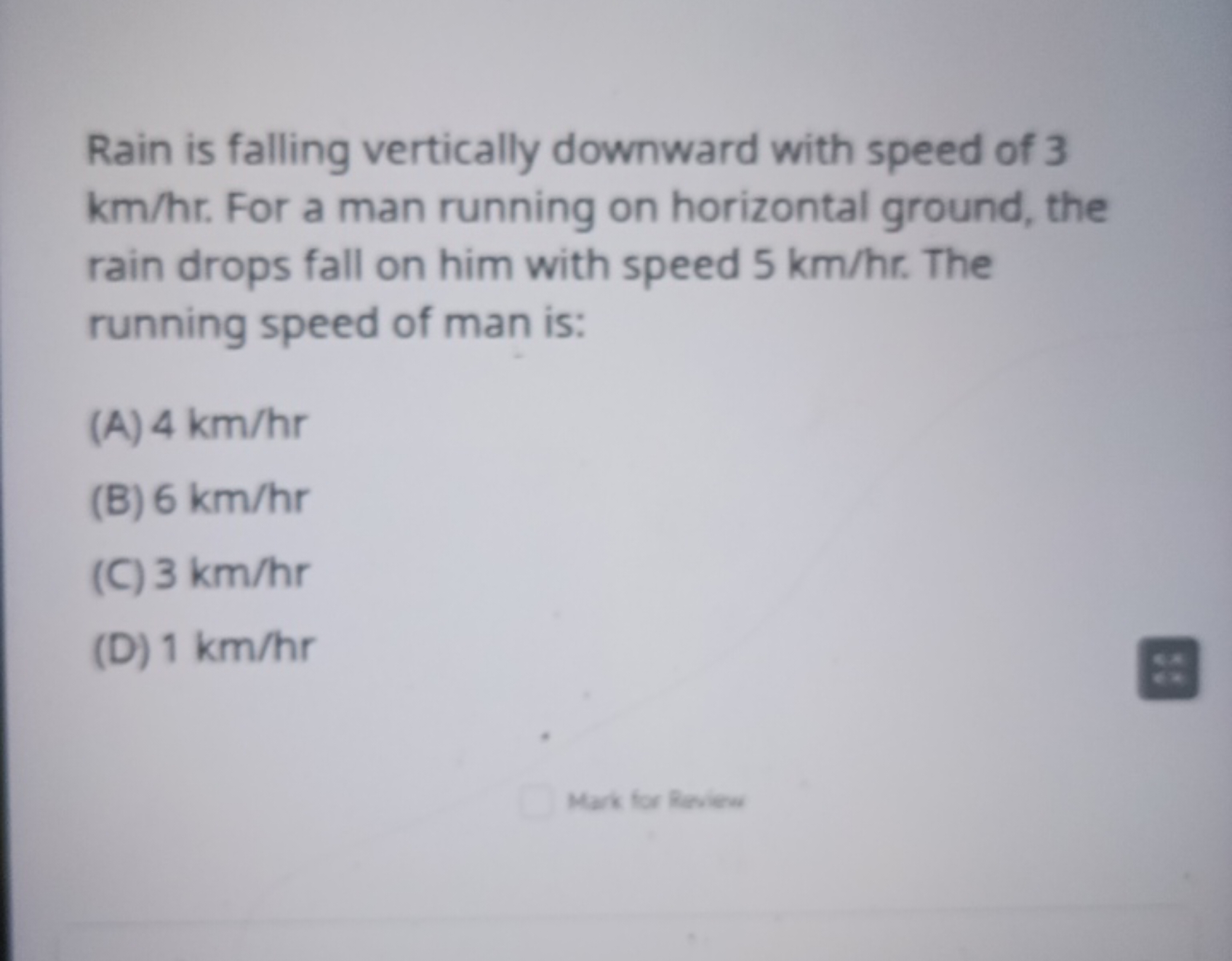 Rain is falling vertically downward with speed of 3 km/hr. For a man r