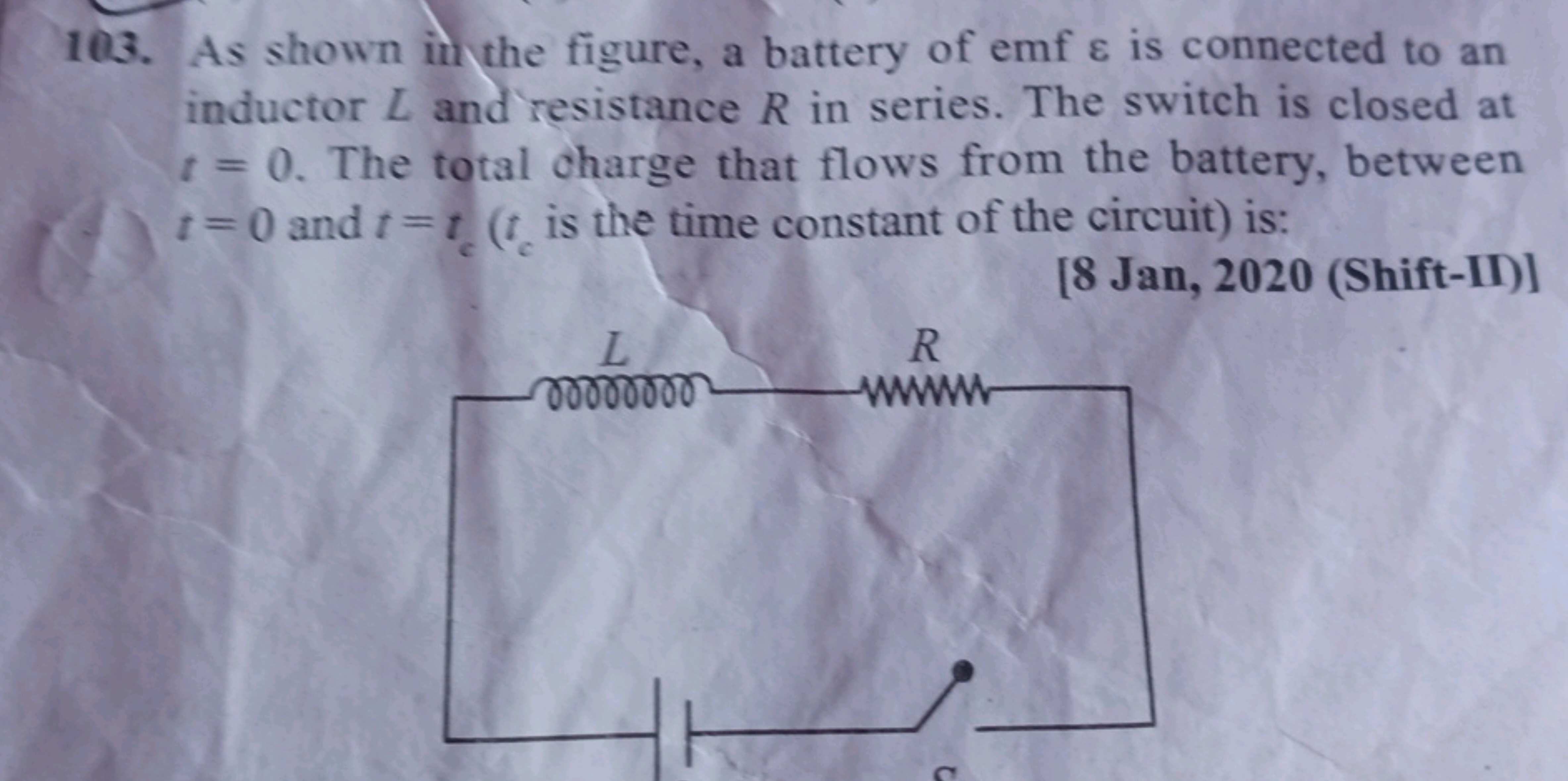 103. As shown in the figure, a battery of emf ε is connected to an ind