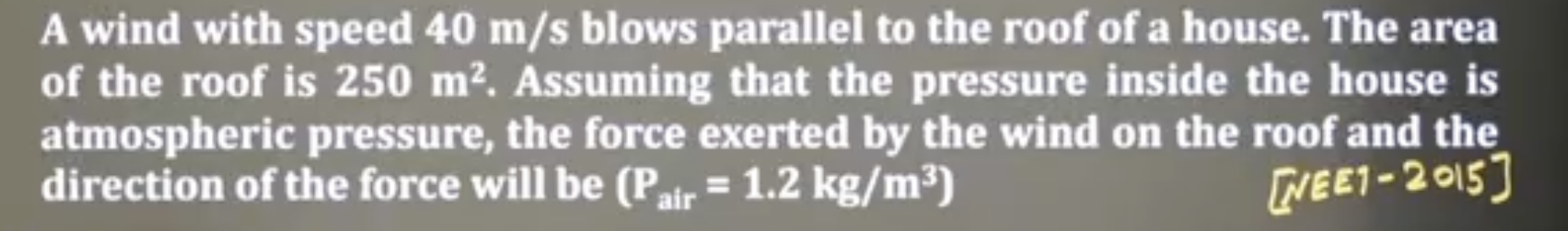 A wind with speed 40 m/s blows parallel to the roof of a house. The area