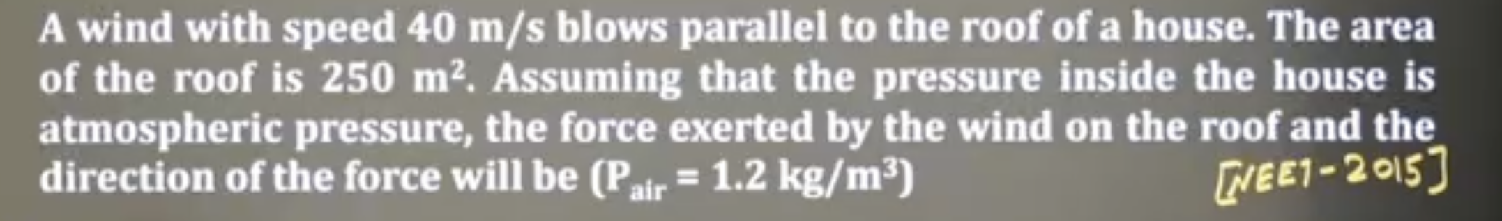 A wind with speed 40 m/s blows parallel to the roof of a house. The ar