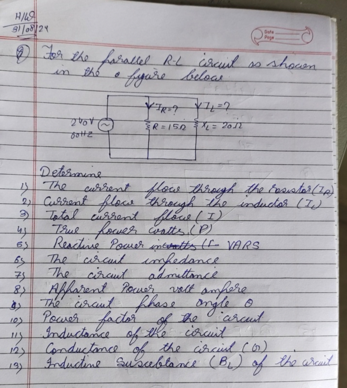 H/W
3) 108124
Data
(2) For the parallel R-L circuit as shown in the fi