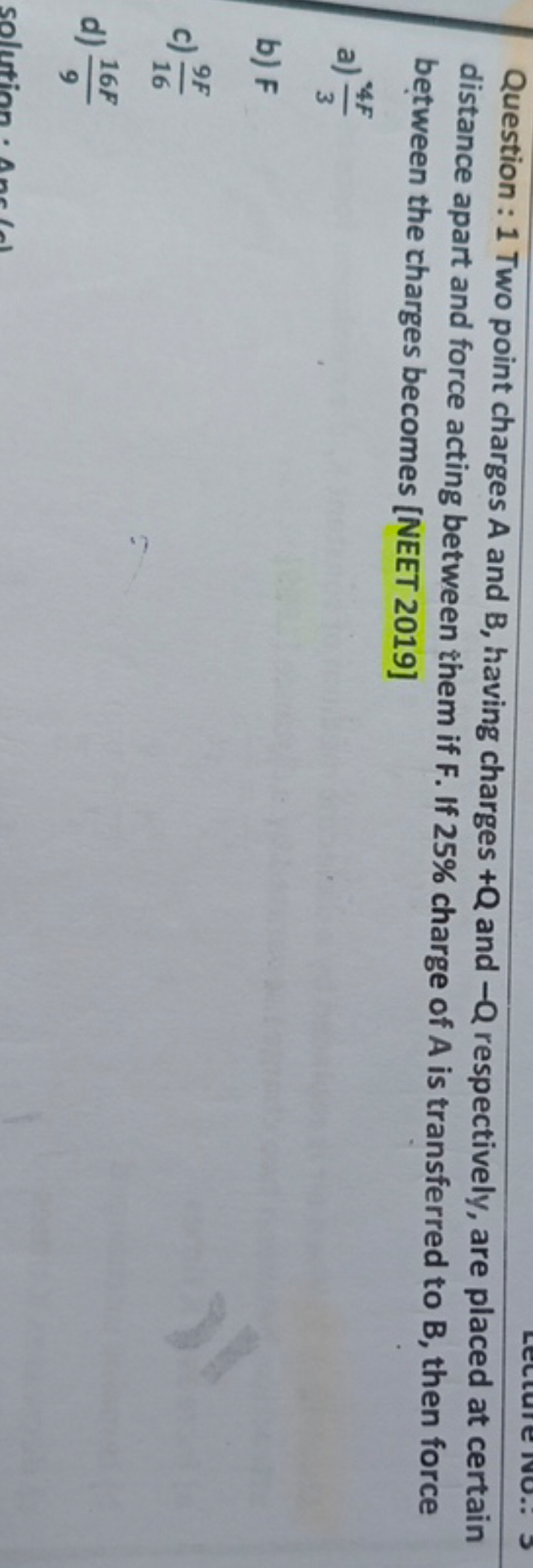 Question: 1 Two point charges A and B, having charges +Q and −Q respec