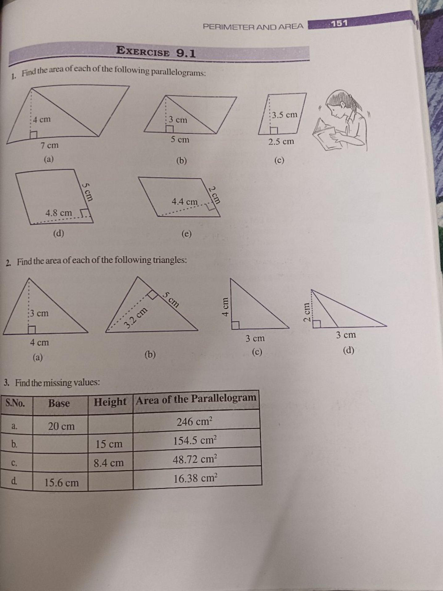 PERIMETER AND AREA
151

Exercise 9.1
1. Find the area of each of the f