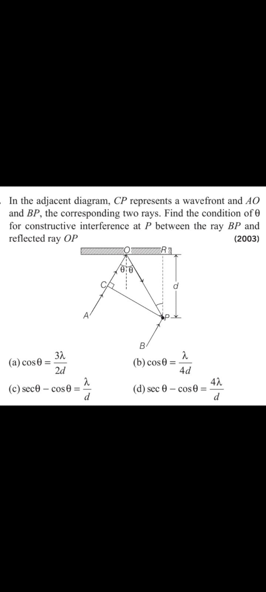 In the adjacent diagram, CP represents a wavefront and AO and BP, the 