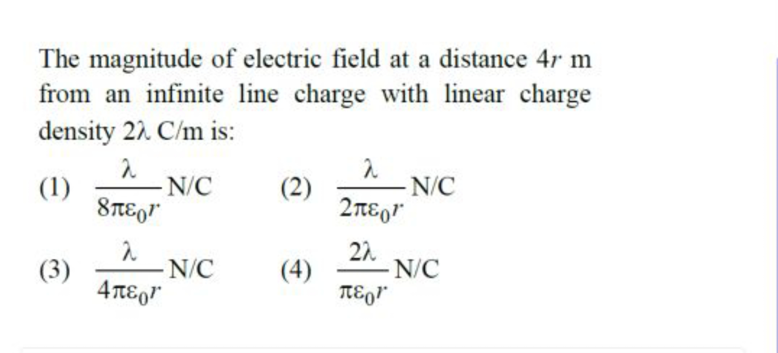 The magnitude of electric field at a distance 4r m from an infinite li