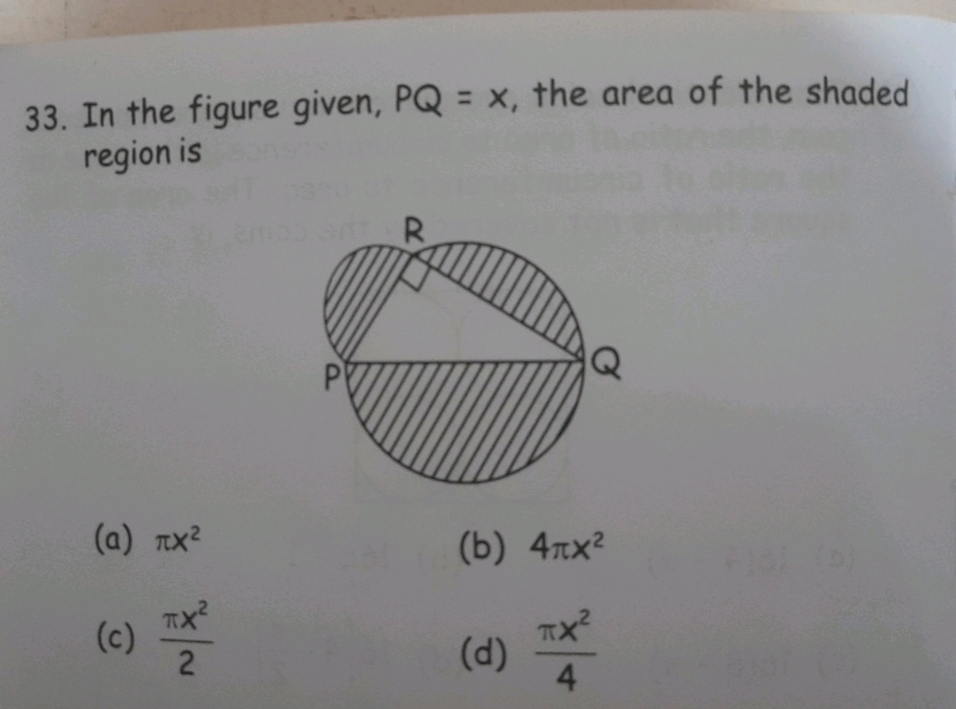 33. In the figure given, PQ=x, the area of the shaded region is
(a) πx