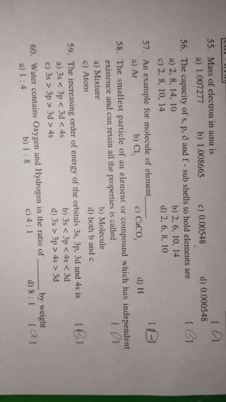 55. Mass of electron in amu is
a) 1.007277
b) 1.008665
c) 0.00548
d) 0