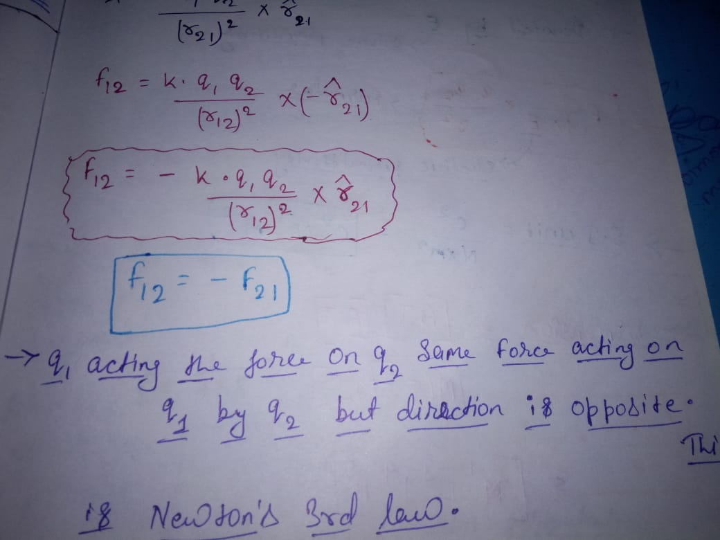 f12​=(r12​)2k⋅q1​q2​​×(−r^21​)F12​=−(γ12​)2k⋅q1​q2​​×γ^​21​f12​=−f21​​