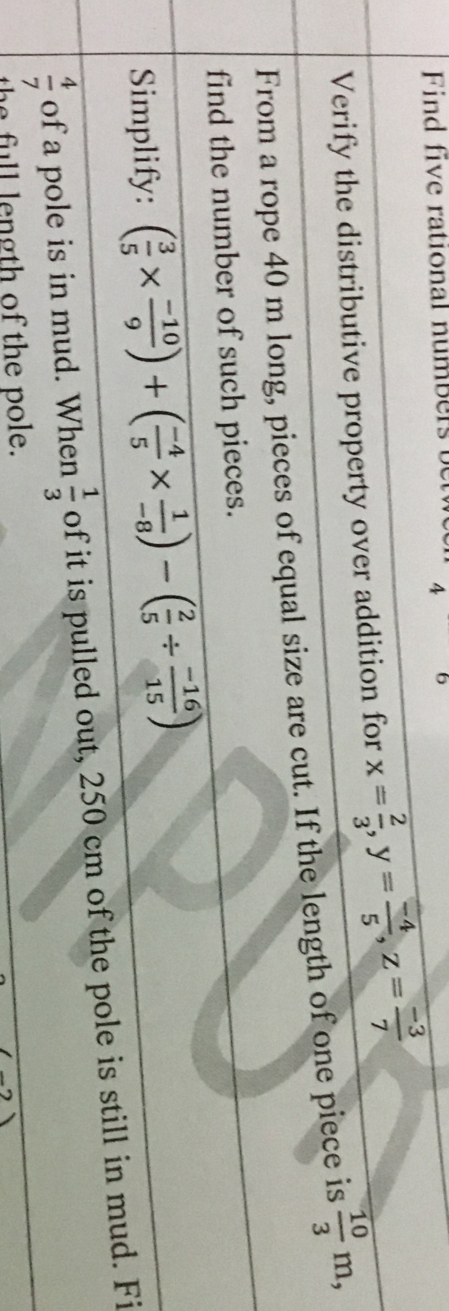 Verify the distributive property over addition for x=32​,y=5−4​,z=7−3​