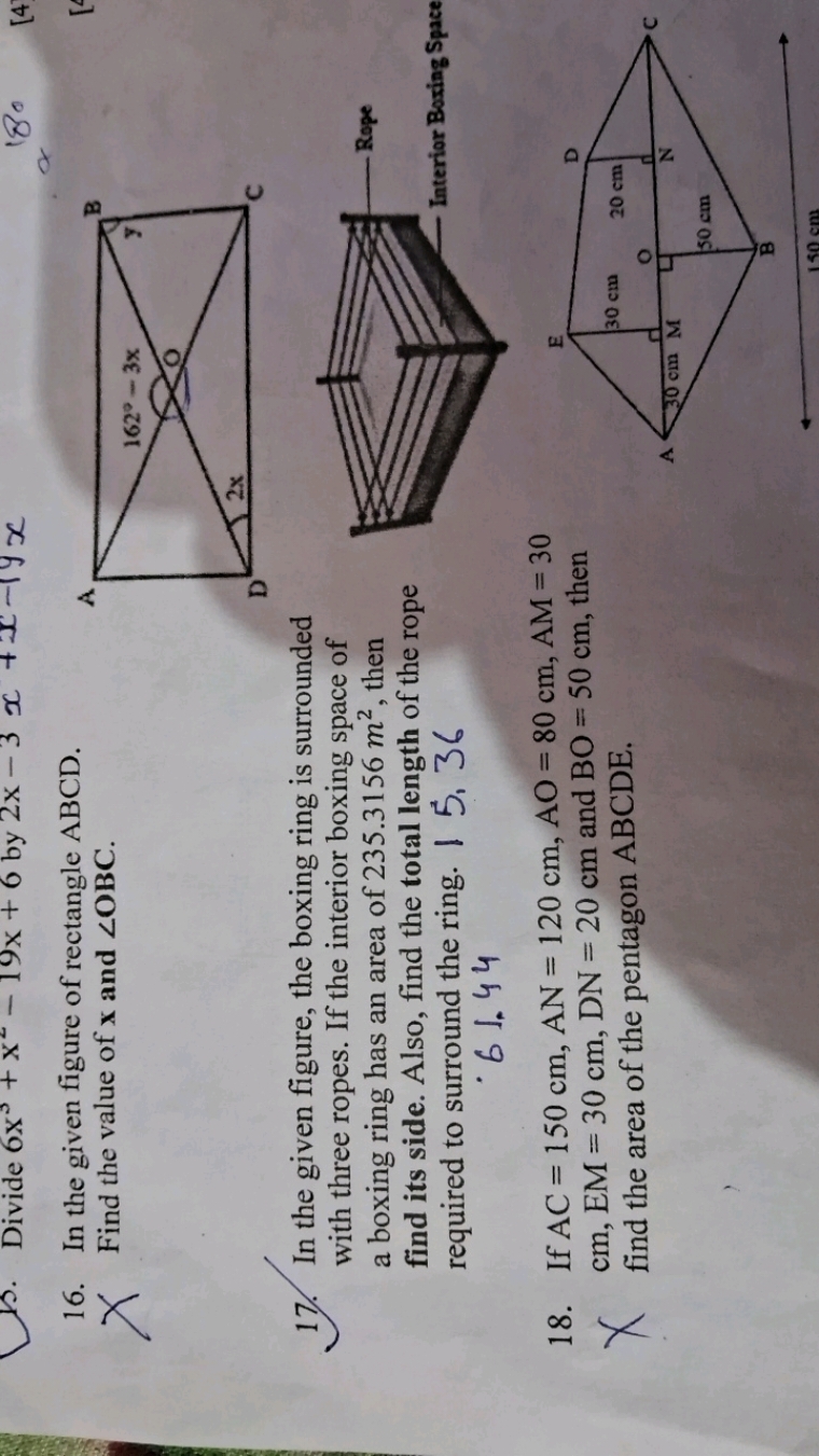 16. In the given figure of rectangle ABCD . Find the value of x and ∠O