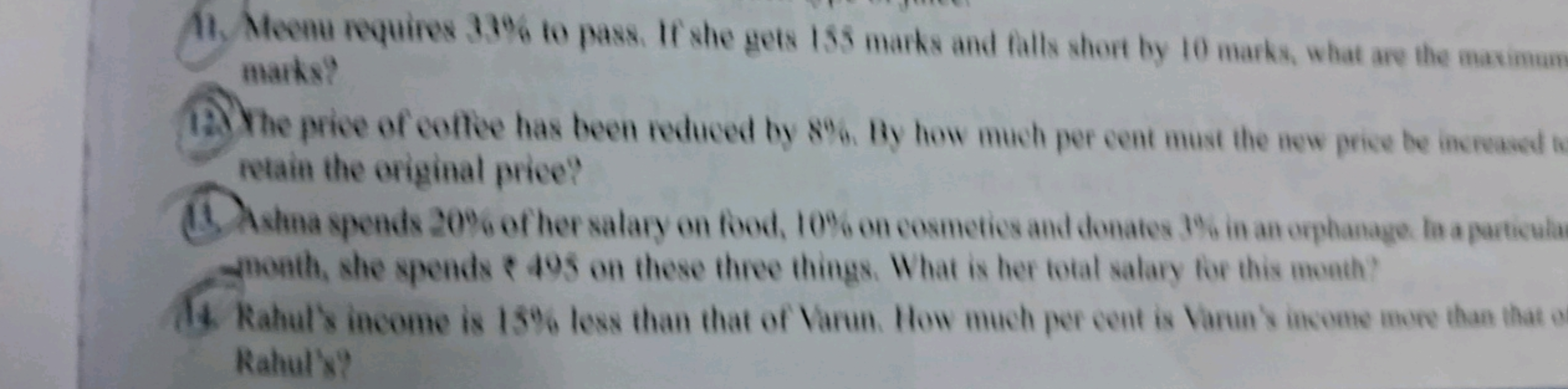 41. Meenu requires 33% to pass. If she gets 155 marhs and falls short 