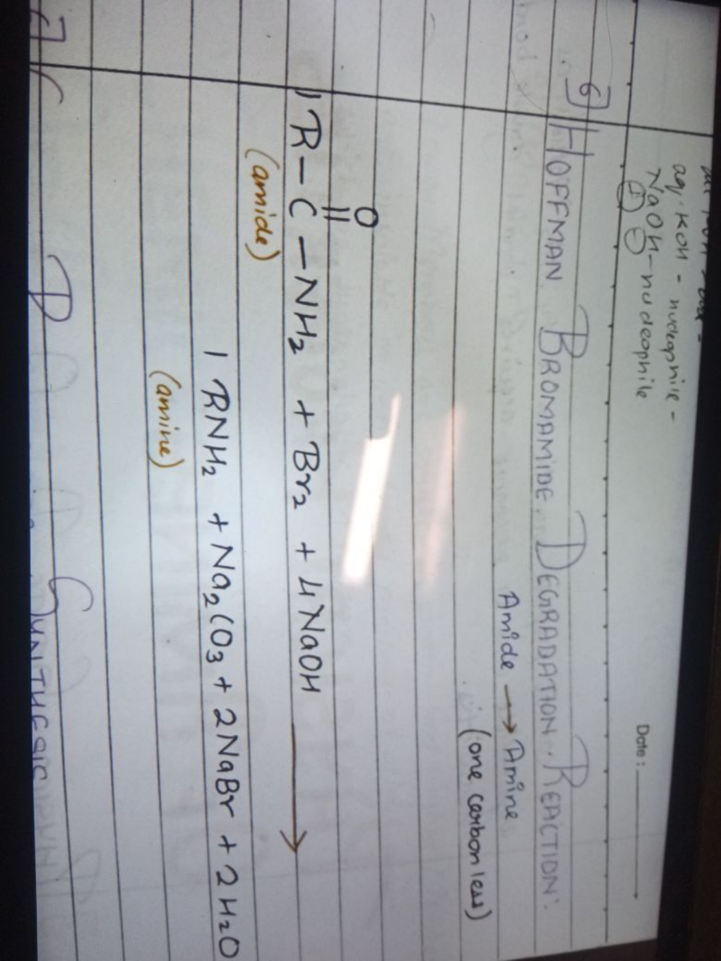 aq MOn - nuclepnive -
NaOn-nudeophile
Dote :
6) Hoffman Bromamide. Deg