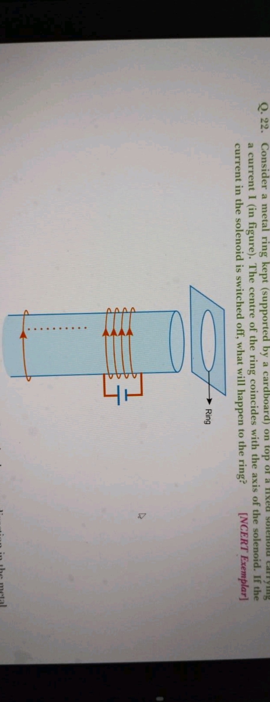 Q. 22. Consider a metal ring kept (supported by a cardboard) on top of