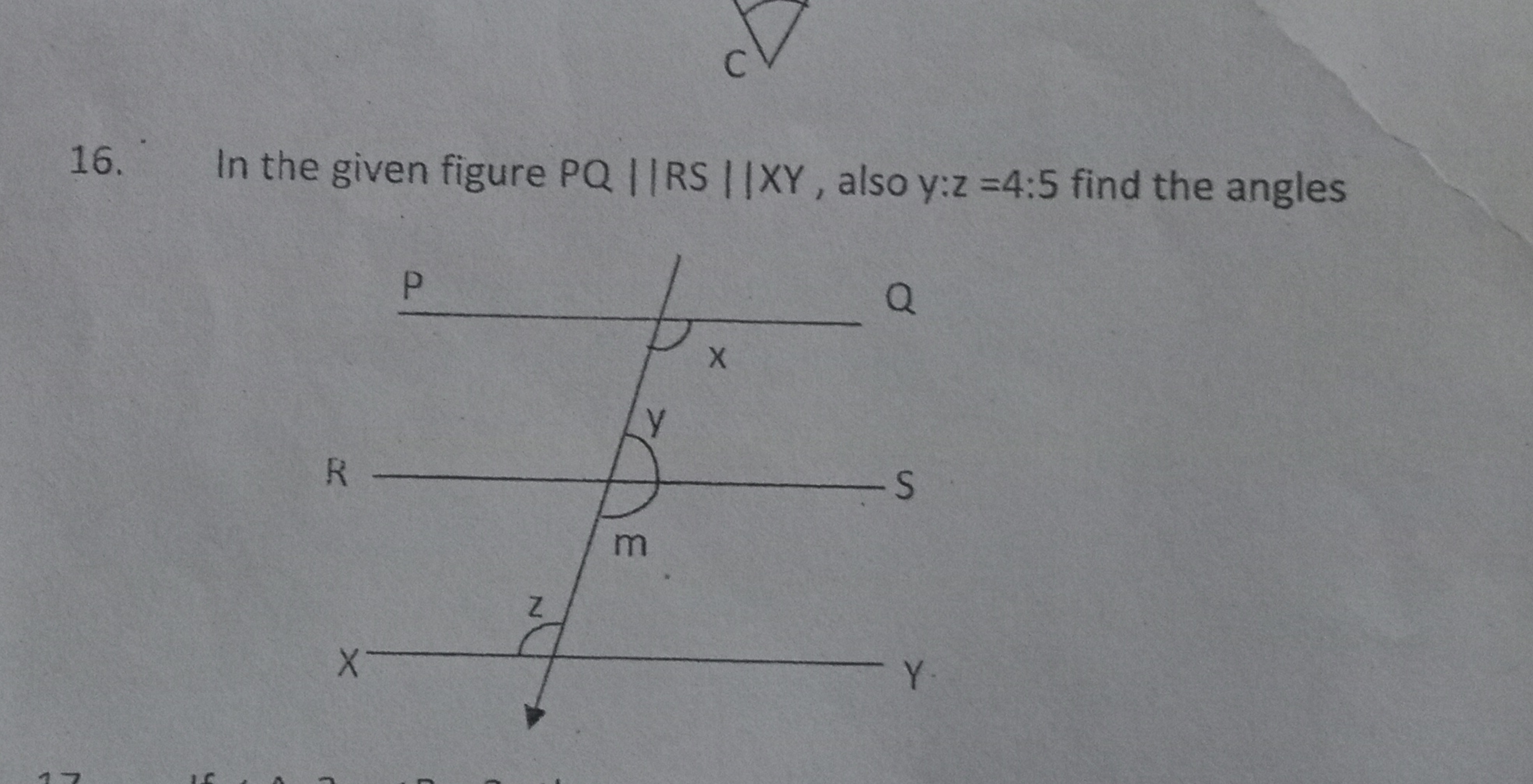 16. In the given figure PQ∥RS∥XY, also y:z=4:5 find the angles