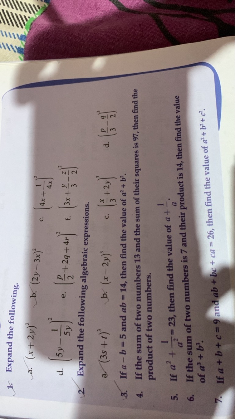 1. Expand the following.
a. (x+2y)2
b. (2y−3x)2
d. (5y−5y1​)2
e. (2p​+