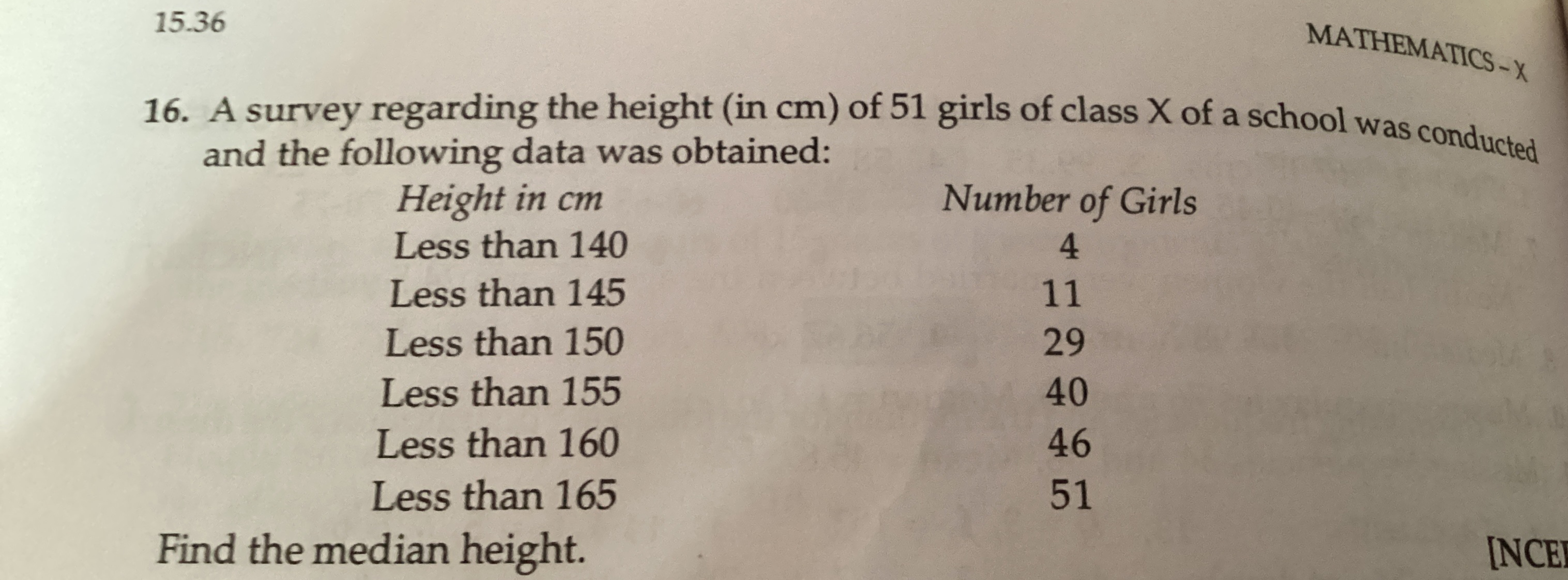 15.36
MATHEMATICS - x
16. A survey regarding the height (in cm ) of 51