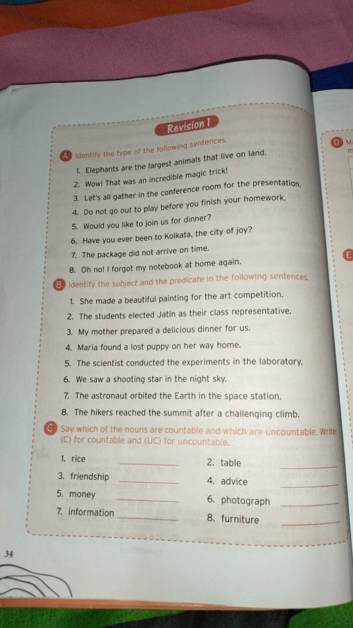 Revision 1
A Identify the type of the following sentences.
1. Elephant