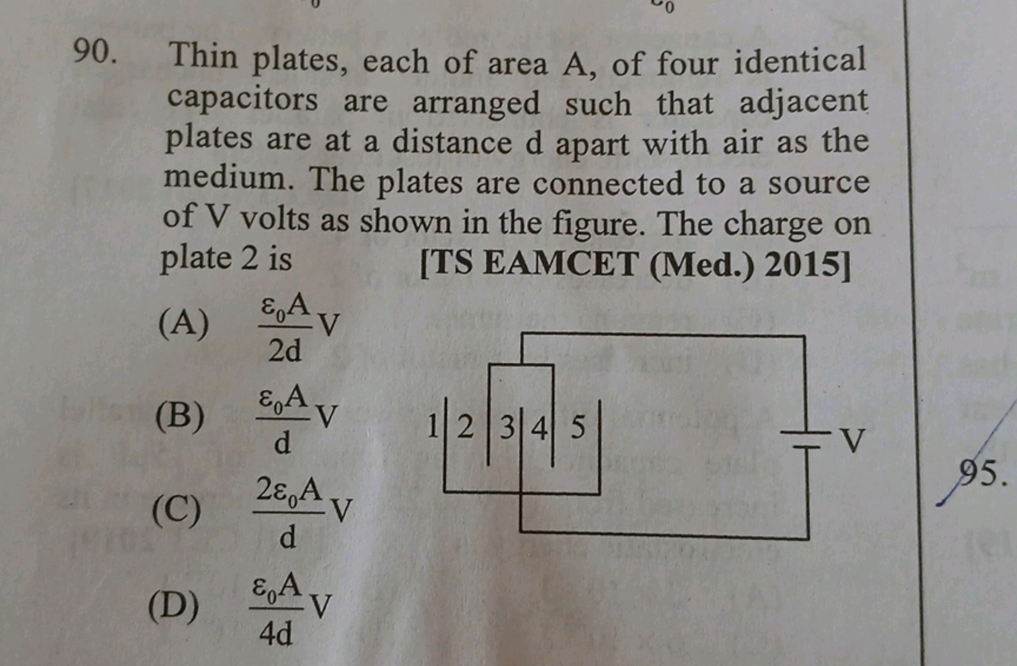 90. Thin plates, each of area A, of four identical capacitors are arra