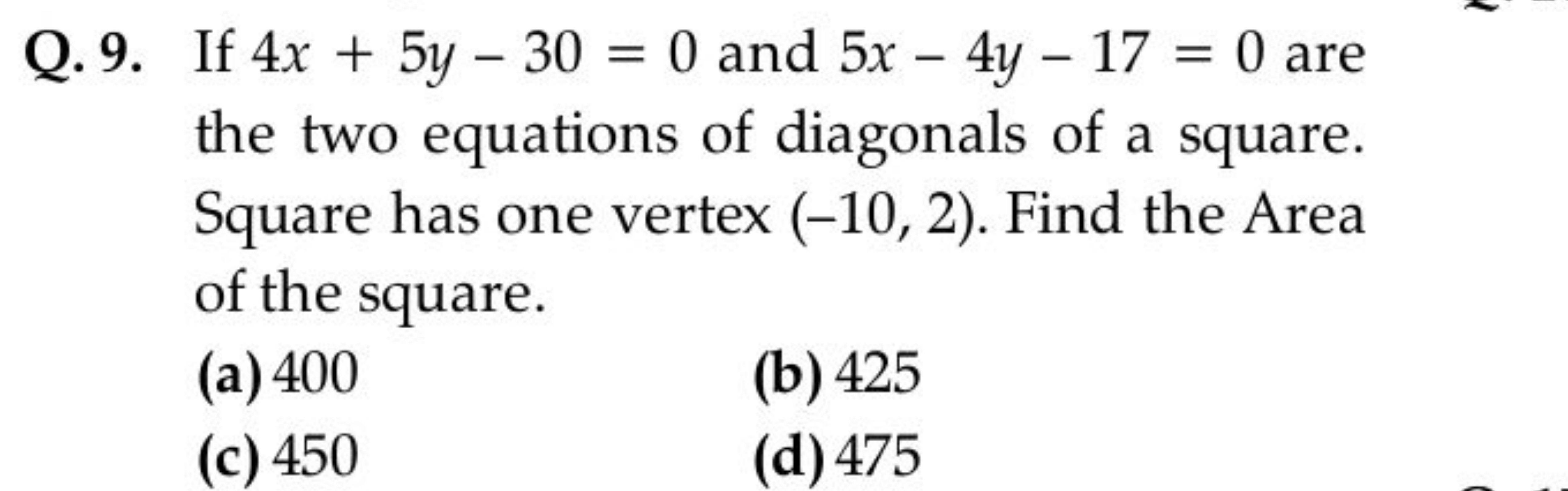 Q. 9. If 4x+5y−30=0 and 5x−4y−17=0 are the two equations of diagonals 