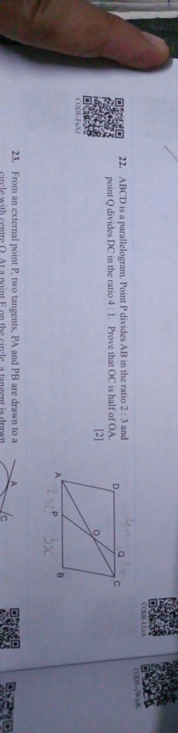 22. ABCD is a parallelogram. Point P divides AB in the ratio 2:3 and p