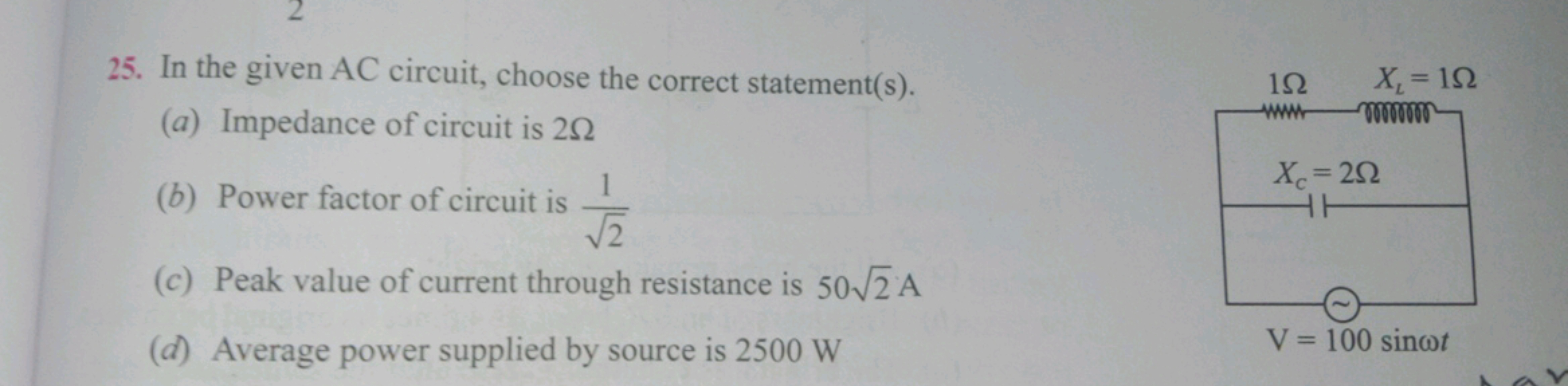 25. In the given AC circuit, choose the correct statement(s).
(a) Impe