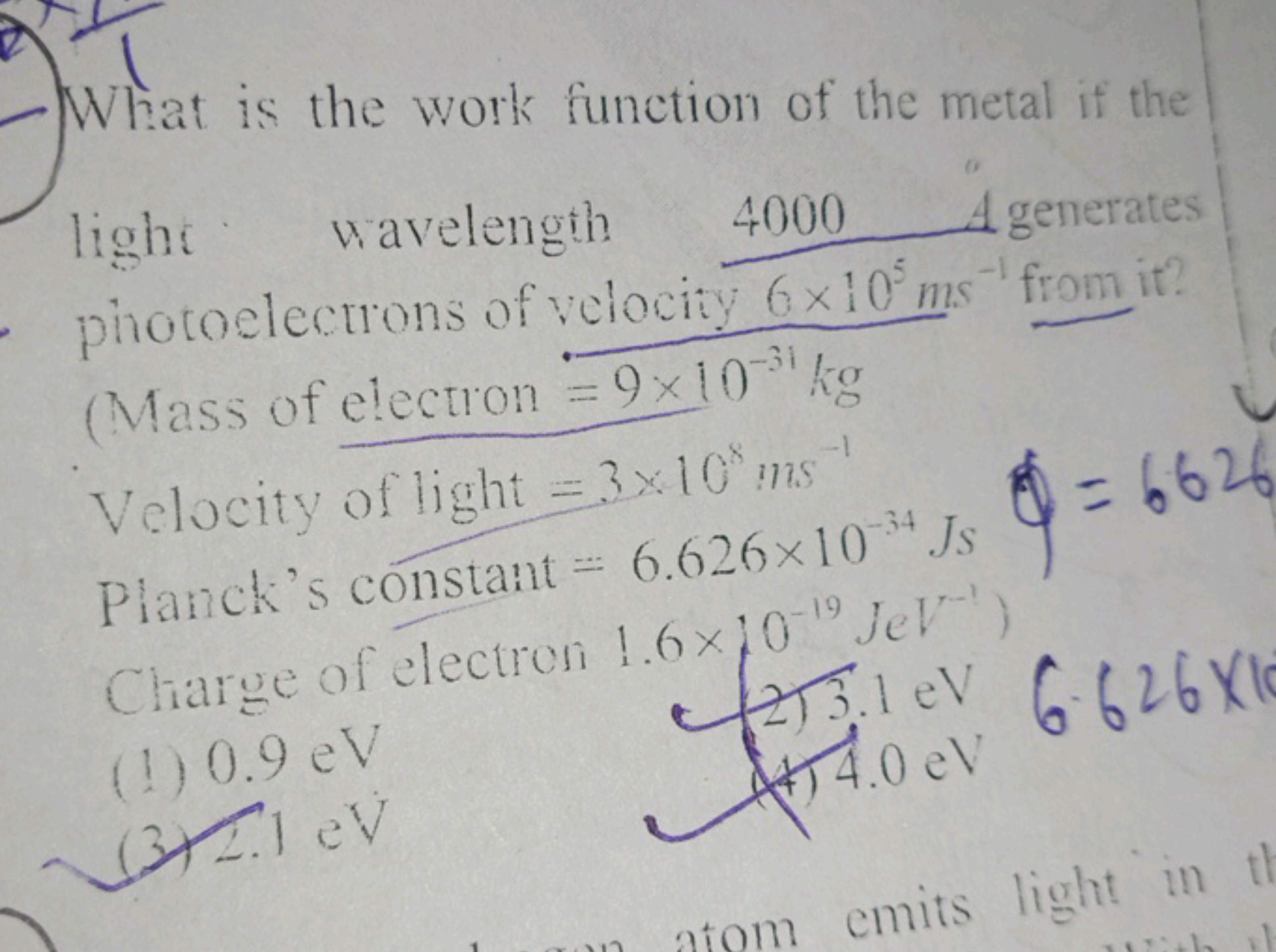 What is the work function of the metal if the light Wavelength 4000 Ag