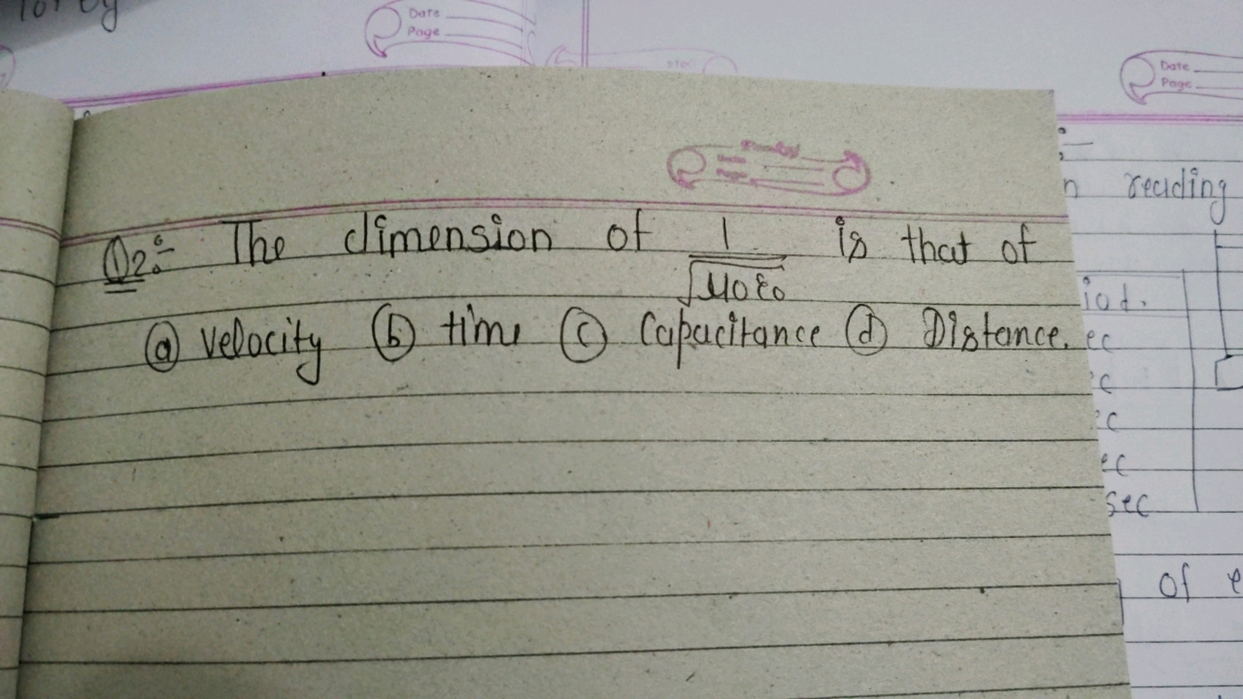 Q2:- The dimension of 10ε0​​1​ is that of
(a) velocity
(b) time
(c) Co