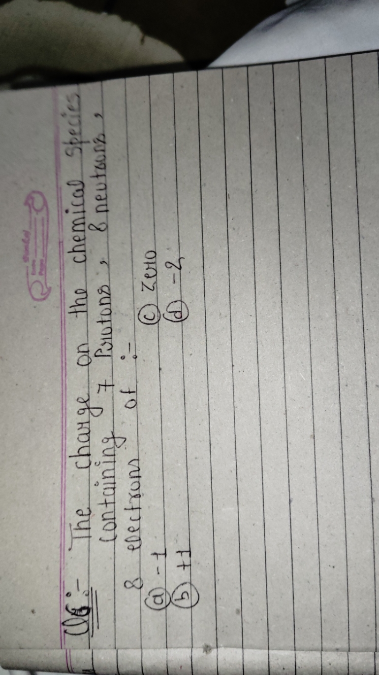 Q6:- The charge on the chemical species containing 7 Protons, 8 neutou