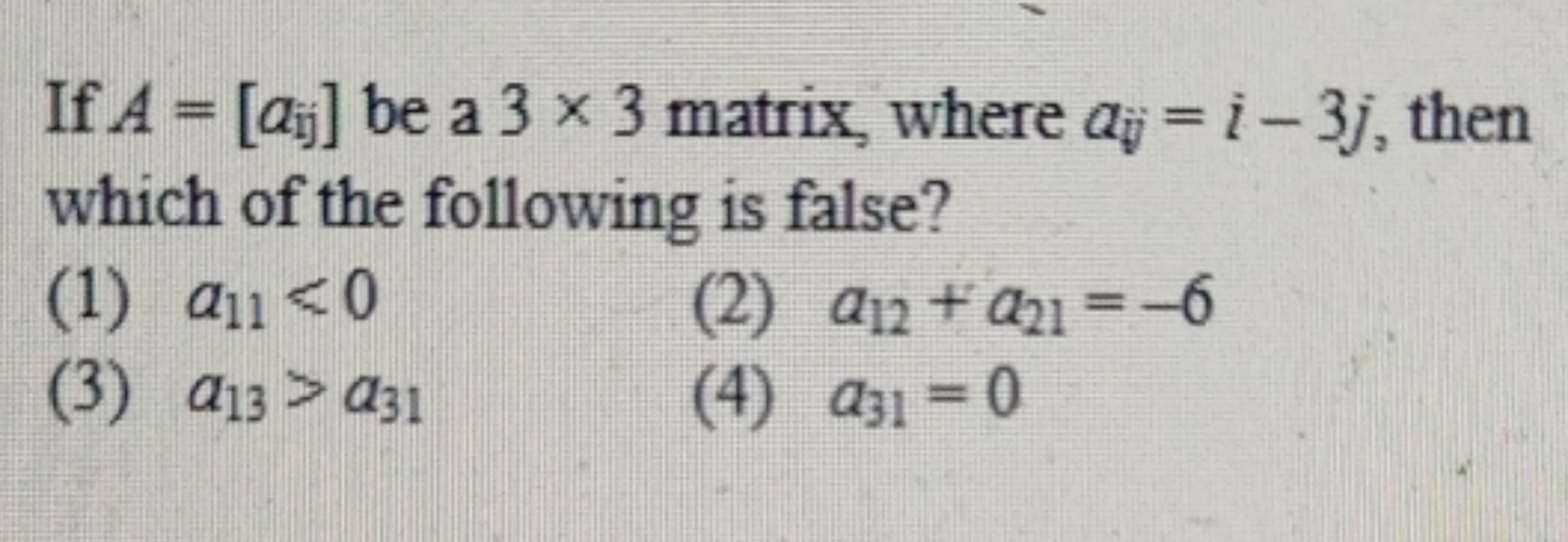 If A = [aij] be a 3 × 3 matrix, where a = i-3j, then
which of the foll