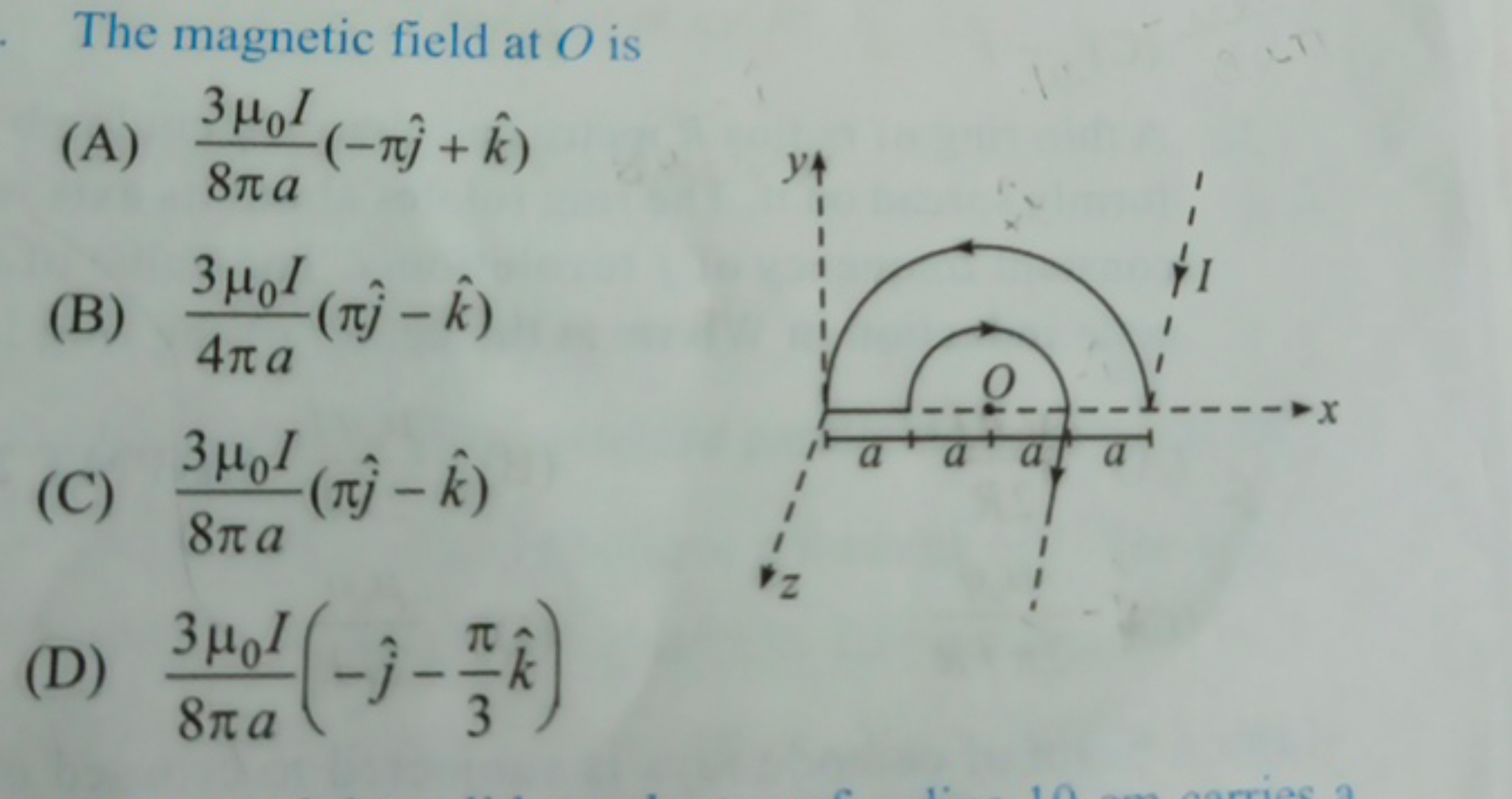 The magnetic field at O is
(A) 8πa3μ0​I​(−πj^​+k^)
(B) 4πa3μ0​I​(πj^​−