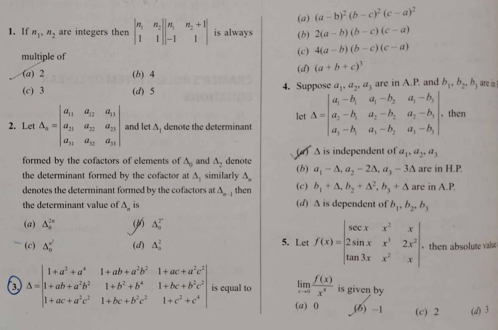 If n1​,n2​ are integers then ∣∣​n1​1​n2​1​∣∣​∣∣​n1​−1​n2​+11​∣∣​ is al