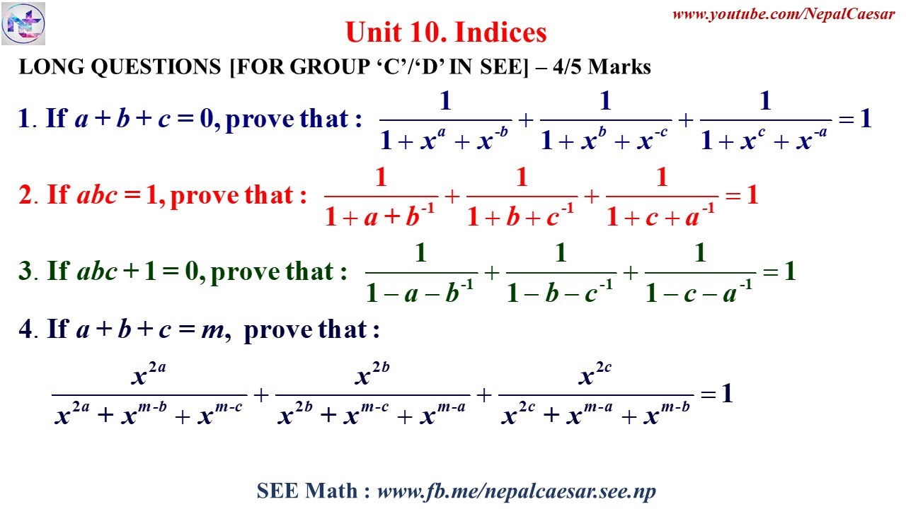 Unit 10. Indices www.youtube.com/NepalCaesar LONG QUESTIONS [FOR GROUP