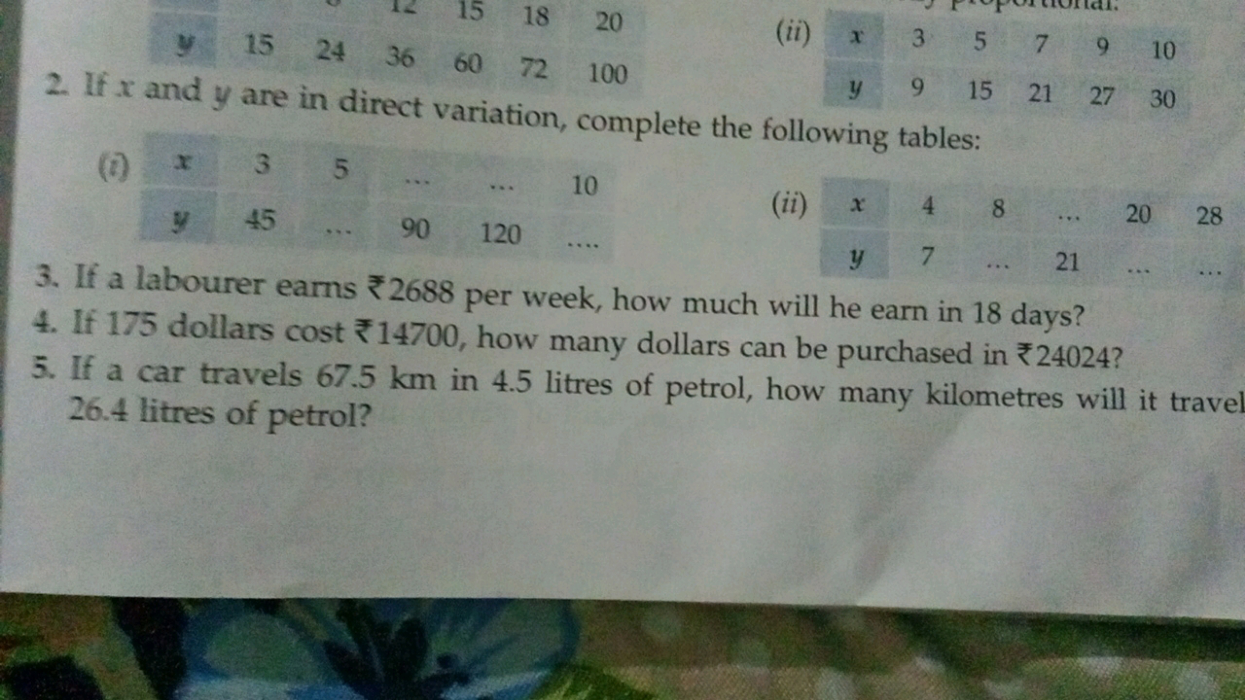 2. If x and y are in direct variation, complete the following tables:
